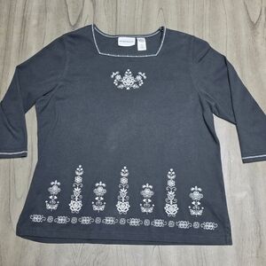 Alfred Dunner Black Long Sleeve Tee with White Embroidery